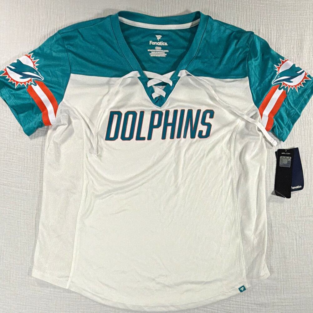 Fanatics Miami Dolphins NFL Licensed Lace-Up Shirt White/Teal/Orange Women's L